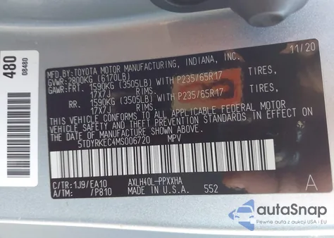 2021 Toyota Sienna Xle из США, поврежденный, VIN 5TDYRKEC4MS006720